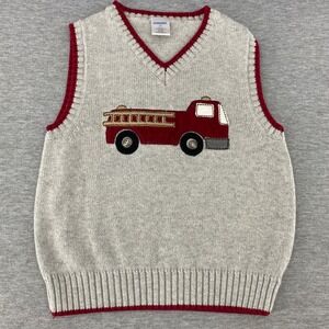 Gymboree Kids Boys Fire Truck Knit Sweater Vest 4T Grey Red V Neck